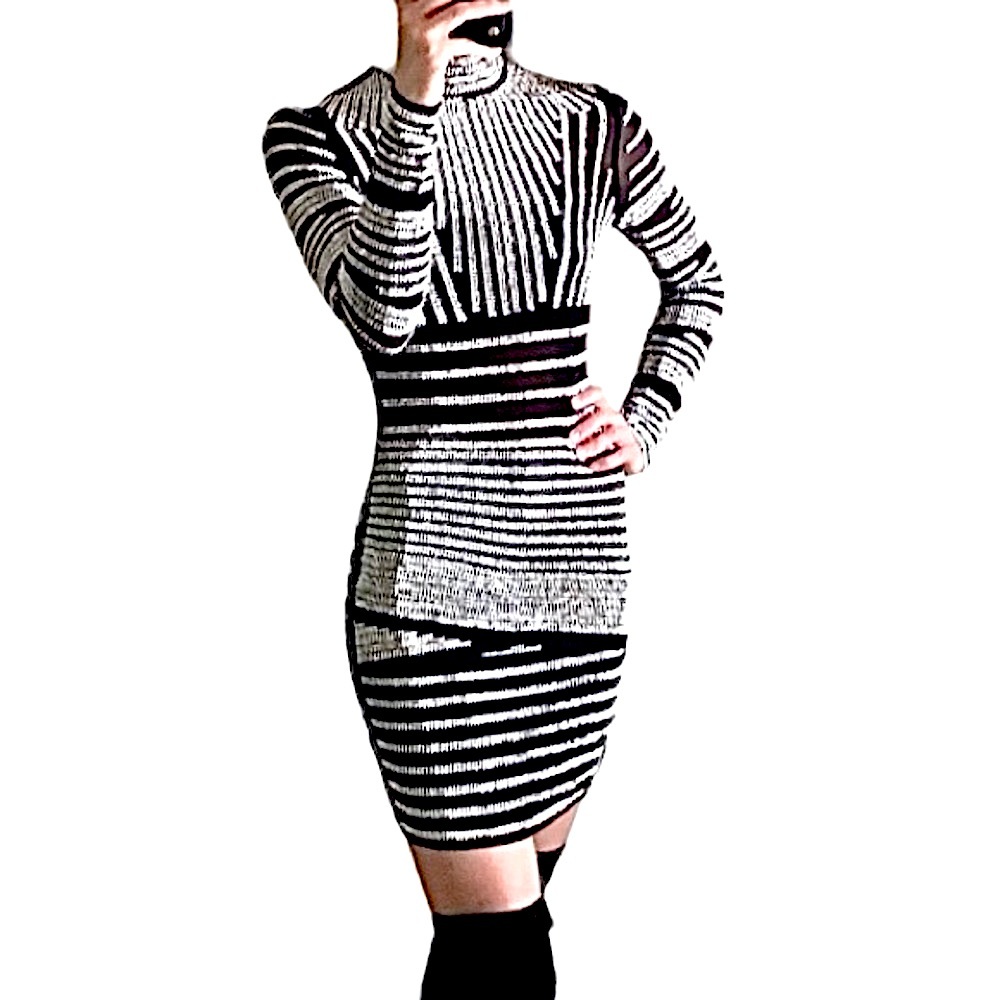 Long sleeve black & silver bodycon dress w/ high neck & shiny stud embellishment
